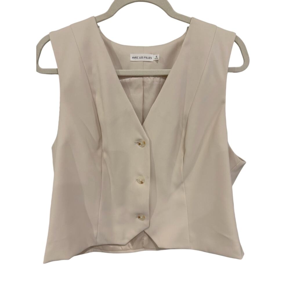 Avec Les Filles V-Neck Button Cream Vest Jacket XL